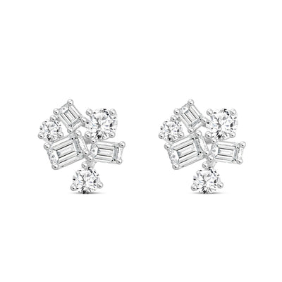 LADIES STUD EARRINGS 3 1/2CT EMERALD/ROUND DIAMOND 14K WHITE GOLD