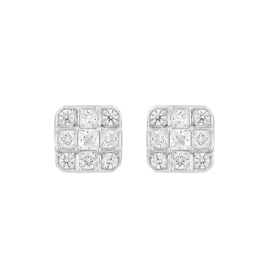 LADIES EARRINGS 1CT ROUND/PRINCESS DIAMOND 14K WHITE GOLD