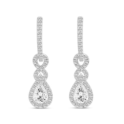 LADIES HOOPS EARRINGS 2.00CT ROUND/PEAR DIAMOND 14K WHITE GOLD