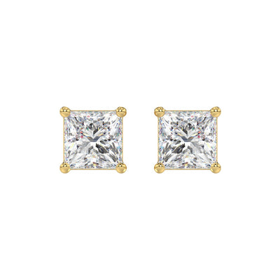 LADIES SOLITAIRE EARRINGS 4CT PRINCESS DIAMOND 14K YELLOW GOLD 