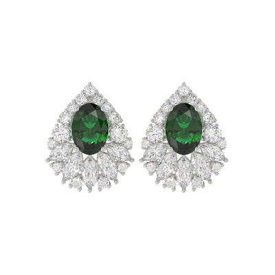 LADIES EARRINGS 4.50CT ROUND/MARQUISE/OVAL DIAMOND 14K WHITE GOLD (CENTER STONE GREEN EMERALD OVAL DIAMOND 2 1/2CT)