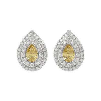 14K WHITE GOLD CRAFTED WITH 18K YELLOW GOLD BACK PLATE 3 1/4CT ROUND/YELLOW PEAR DIAMOND LADIES EARRINGS