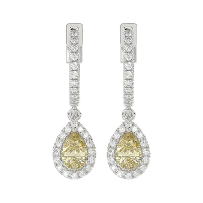 14K WHITE GOLD CRAFTED WITH 18K YELLOW GOLD BACK PLATE 1 1/2CT ROUND/YELLOW PEAR  DIAMOND LADIES EARRINGS