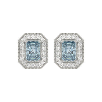 14K WHITE GOLD CRAFTED WITH 18K YELLOW GOLD BACK PLATE 1 1/4CT ROUND/BLUE EMERALD DIAMOND LADIES EARRINGS