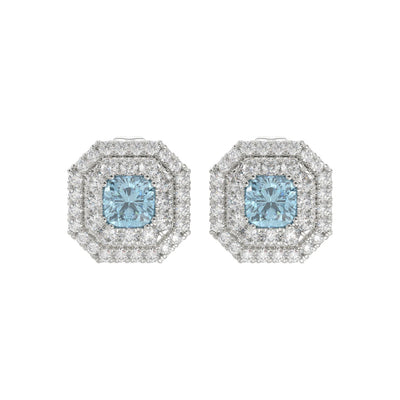 14K WHITE GOLD CRAFTED WITH 18K YELLOW GOLD BACK PLATE 1 1/2CT ROUND/BLUE CUSHION DIAMOND LADIES EARRINGS