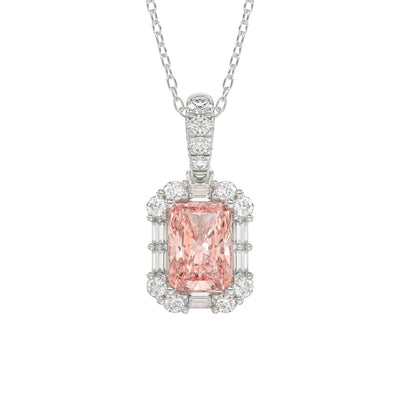 14K WHITE GOLD CRAFTED WITH 18K YELLOW GOLD BACK PLATE 1 1/4CT ROUND/BAGUETTE/PINK RADIANT DIAMOND LADIES PENDANT WITH CHAIN