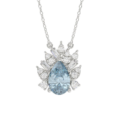 14K WHITE GOLD CRAFTED WITH 18K YELLOW GOLD BACK PLATE 1 1/4CT ROUND/BLUE PEAR/BAGUETTE DIAMOND LADIES NECKLACE WITH CHAIN