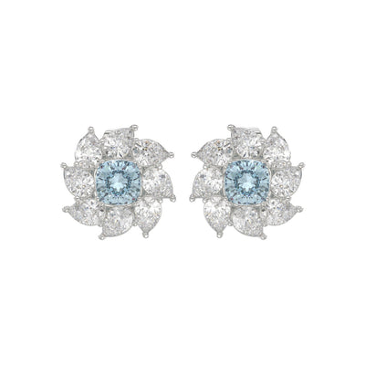 14K WHITE GOLD CRAFTED WITH 18K YELLOW GOLD BACK PLATE 2 5/8CT PEAR/BLUE CUSHION DIAMOND LADIES EARRINGS
