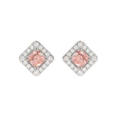14K WHITE GOLD CRAFTED WITH 18K YELLOW GOLD BACK PLATE 1 1/4CT ROUND/PINK CUSHION DIAMOND LADIES EARRINGS