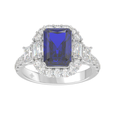 14K WHITE GOLD 4 1/2CT ROUND/EMERALD DIAMOND LADIES RING (CENTER STONE EMERALD BLUE SAPPHIRE DIAMOND 3CT)