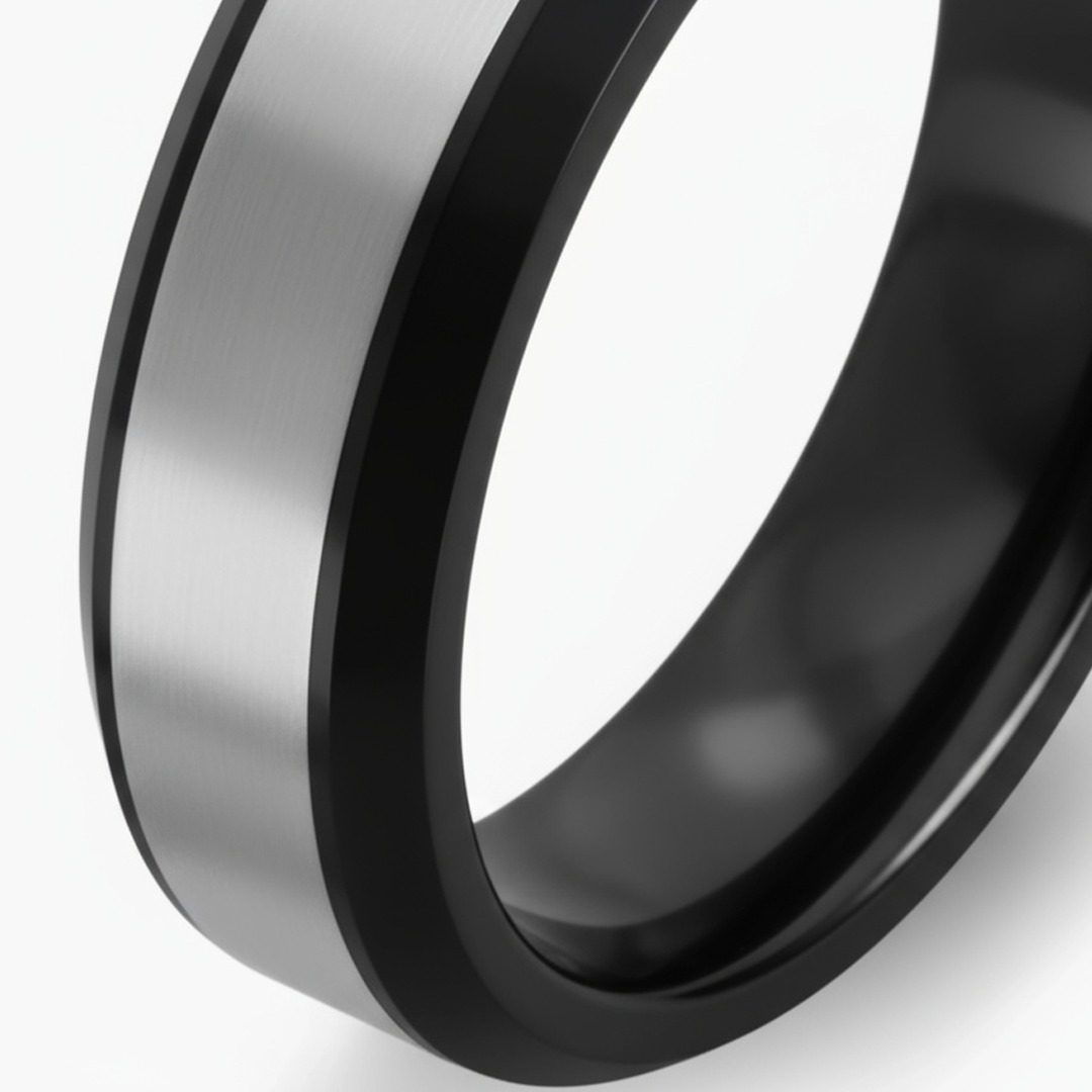 6mm Duotone Beveled Grey Black Titanium Band Ring