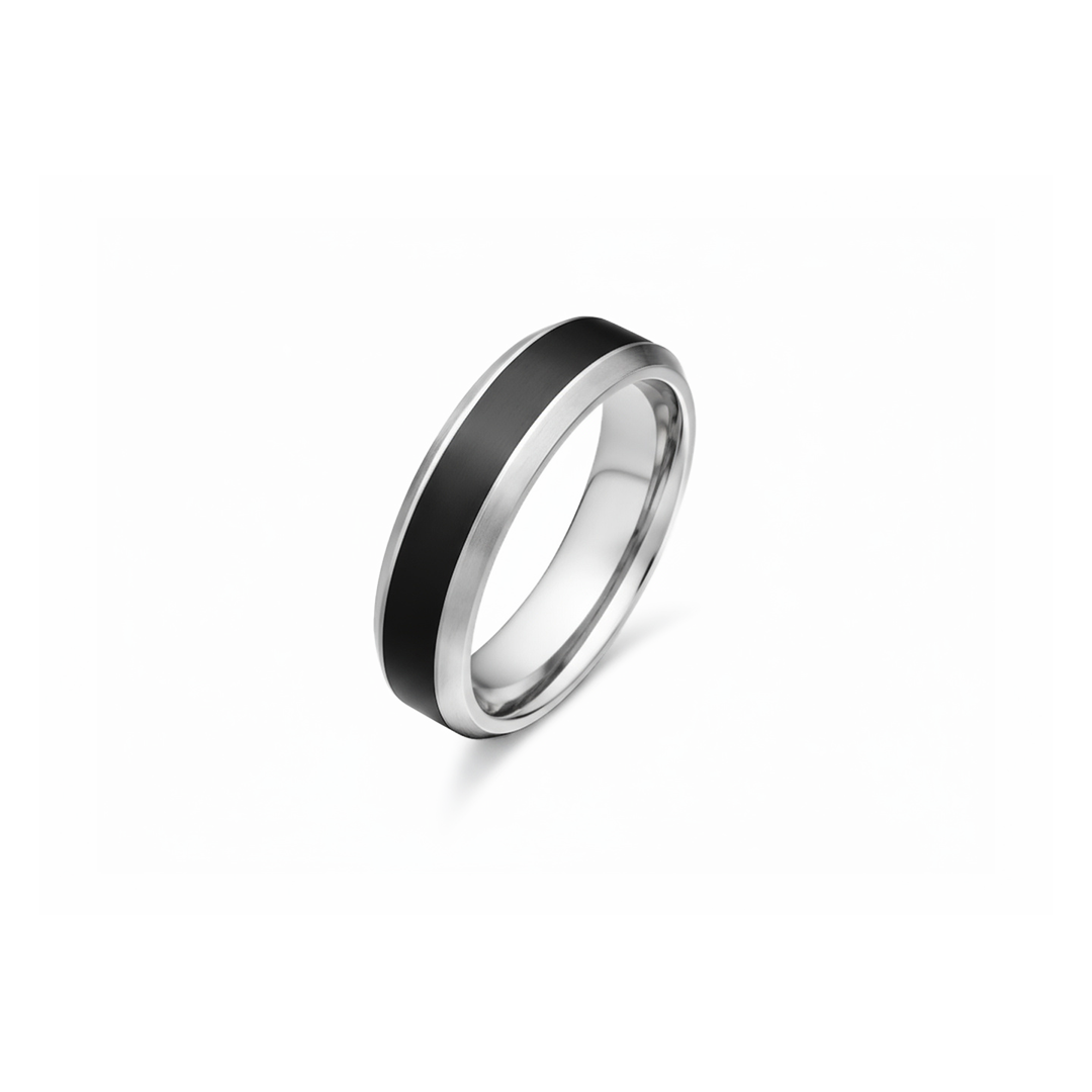 6mm Duotone Beveled Black Grey Titanium Band Ring